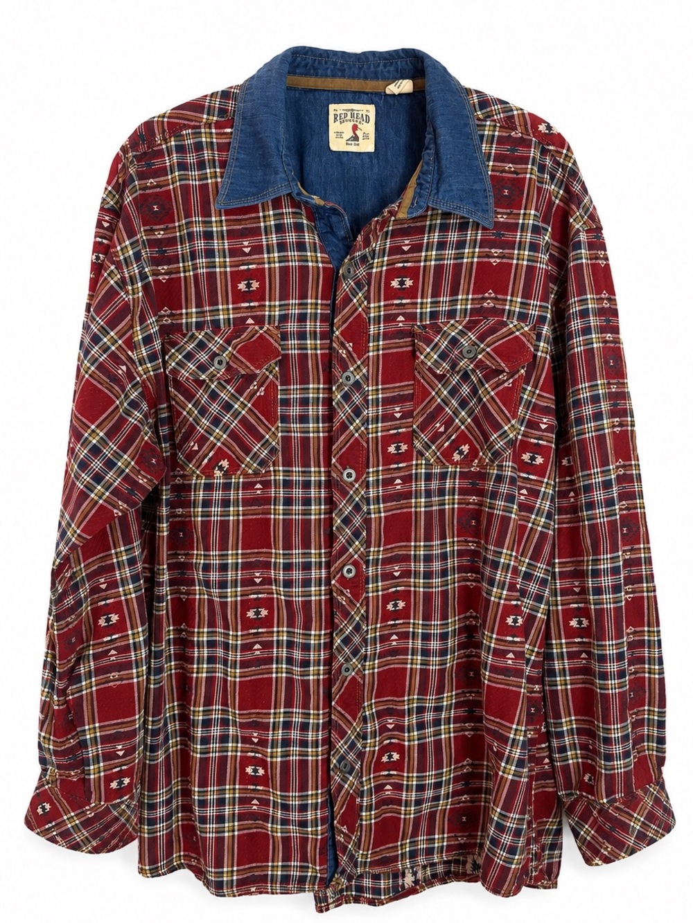 RedHead XL Plaid Cotton Button Up Shirt Denim Collar Southwest Western